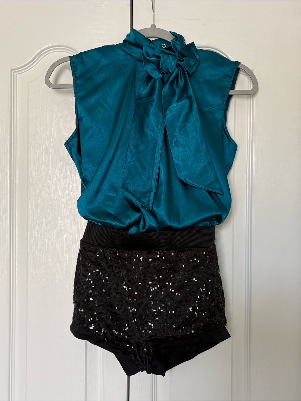 Weissman Women’s Teal Satin Tie-Neck Dance Costume Sequin Shorts One Piece SA